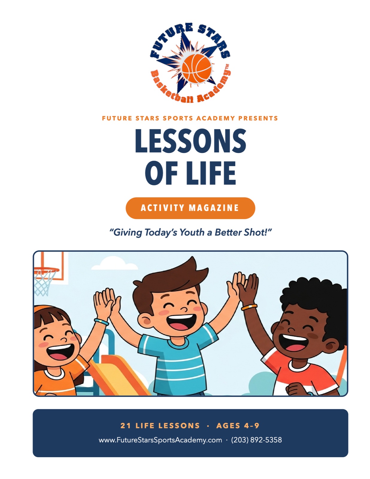 Cover of the Lessons of Life Activity Magazine: three children high-fiving on a playground.